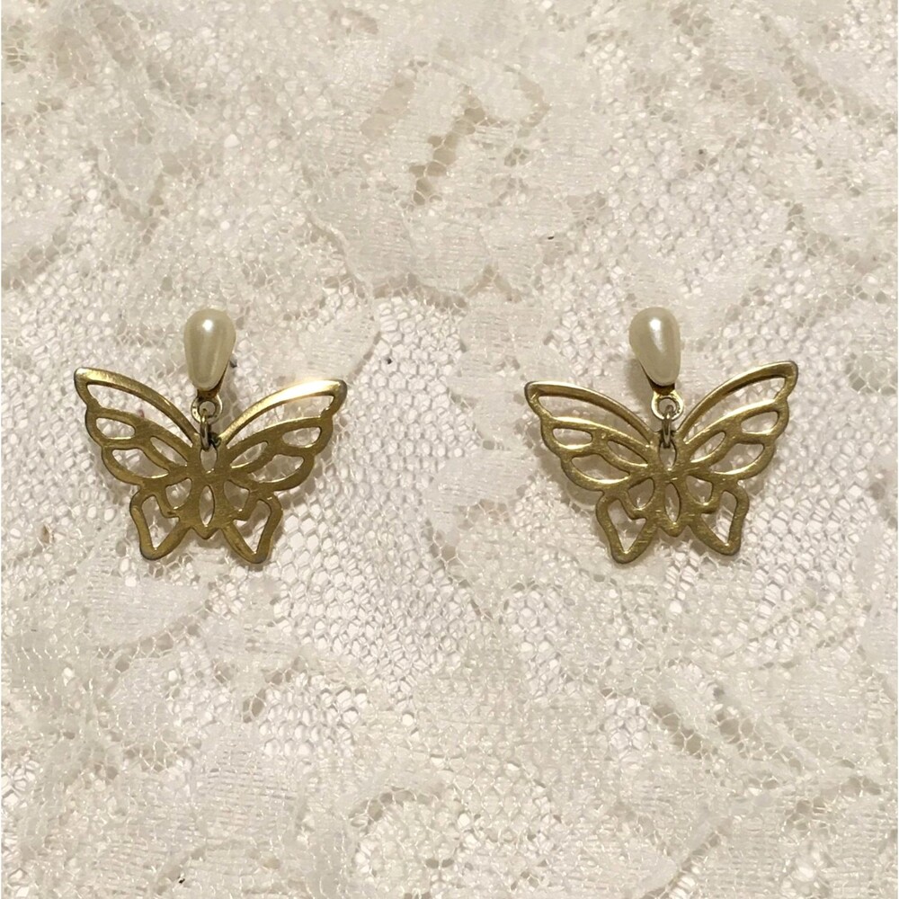 Vintage Butterfly Earrings Faux Pearl Stud Dangly Open Elegant Pierced
